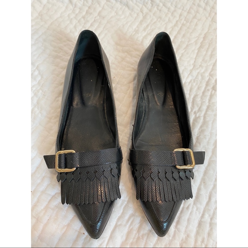 Tod’s Black Leather Pointed Toe Fringe Flat 35